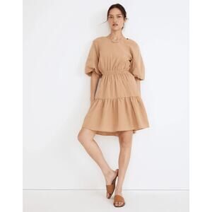 Madewell Seersucker Puff Sleeve Cut Out Mini Dress in Seed Khaki Size Large